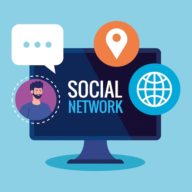Sociaal netwerk, man verbonden in computer, communicatie en globaal concept