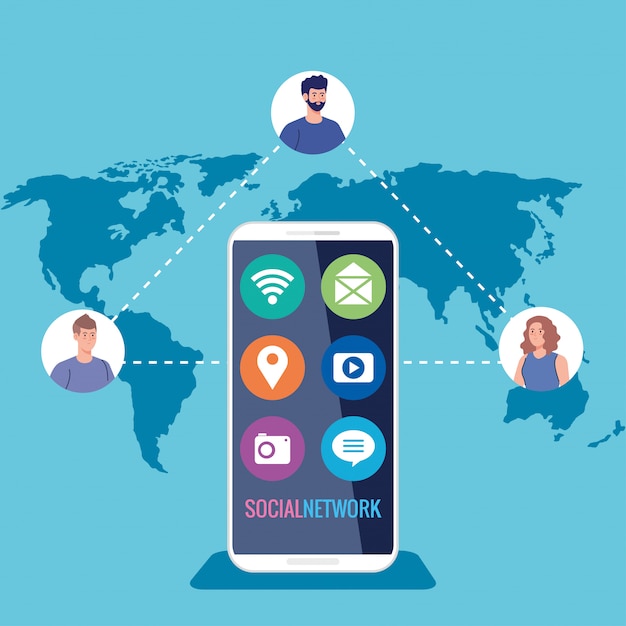 Sociaal netwerk, smartphone en mensen verbonden voor digitaal, interactief, communicatie en globaal concept