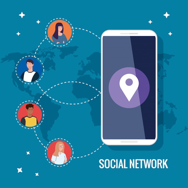 Sociaal netwerk, smartphone en mensen verbonden voor digitaal, interactief, communicatie en globaal concept