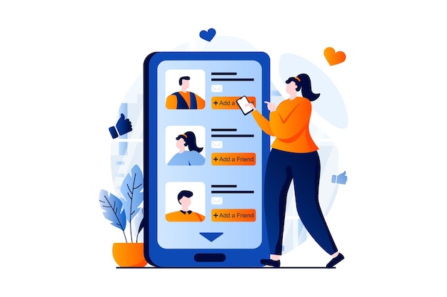 Sociaal netwerkconcept met mensenscène in plat cartoonontwerp Vrouw voegt nieuwe online vrienden toe aan haar persoonlijke account en chats vanuit mobiele applicatie Vectorillustratie visueel verhaal voor web