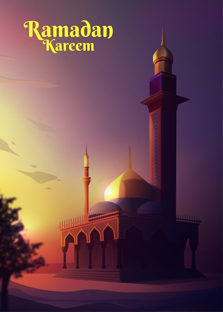 Vector sociaal ramadan kareem-sjabloon met silhouetmoskee