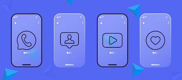 Sociak media knop lijn pictogram Oproep handset tekstballon spelen speler peause like heart Feedback concept UI telefoon app schermen Glasmorfisme Vector lijn pictogram
