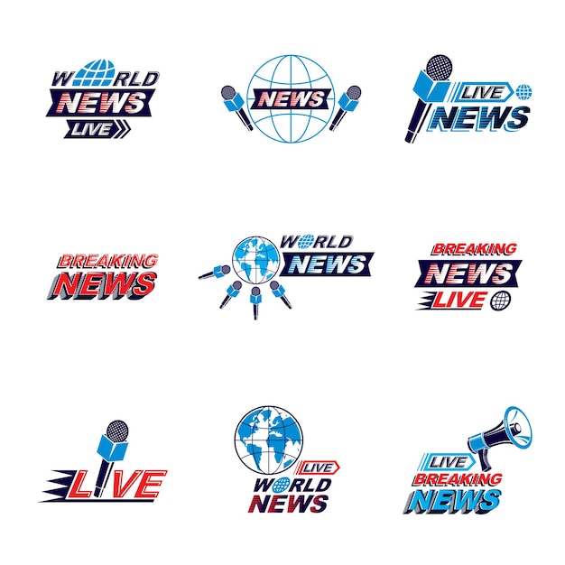 Social announcement logo, emblems and leaflets collection. vector earth, journalistic microphones and loudspeakers equipment composed with news, breaking news and world live news inscription.