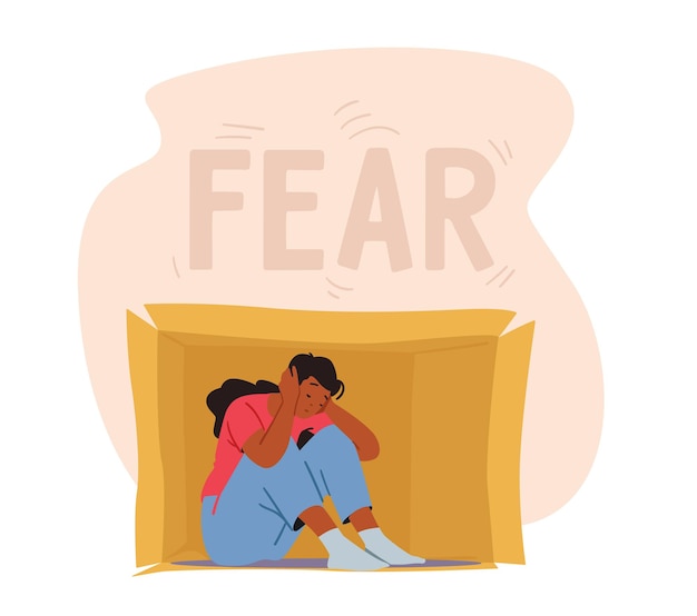 벡터 사회적 불안, 공포 개념. 외로운 내성적인 사람은 귀를 덮고 있는 상자 안에 앉아 있습니다. 정신 건강, 심리학 문제