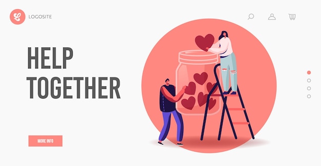 Social Awareness. Landing Page Template. Tiny Male and Female Characters Throw Heart into Huge Glass Jar Stand on Ladder, Donate. Support to People in Need, Volunteering. Cartoon Vector Illustration