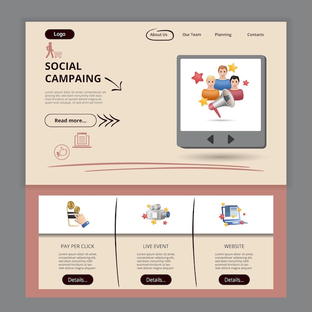 Vector social campaign flat landing page website template pay per