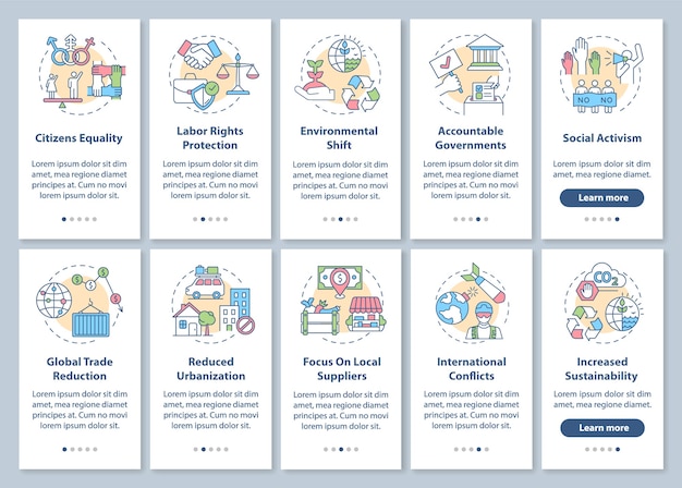 Social change advantages onboarding mobile app page screen with concepts set