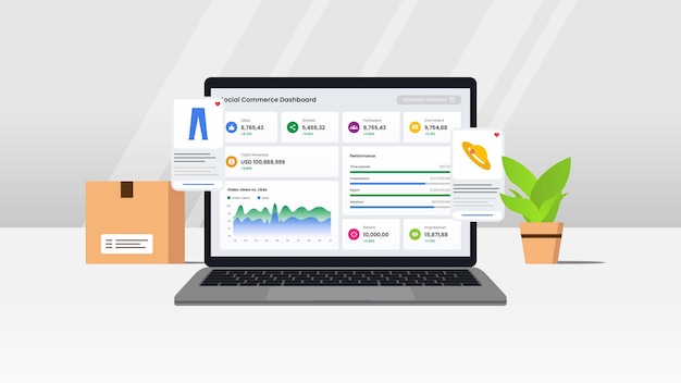 ベクトル ソーシャルコマース ダッシュボード イラスト コンセプト ラップトップで電子コマースデータの視覚化