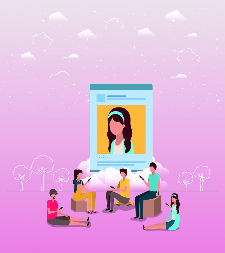 Vector social community with woman profile picture