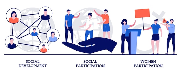 Vector social development and participation, women participation concept with tiny people. norms of behaviour vector illustration set. social engagement, community involvement, social group metaphor.