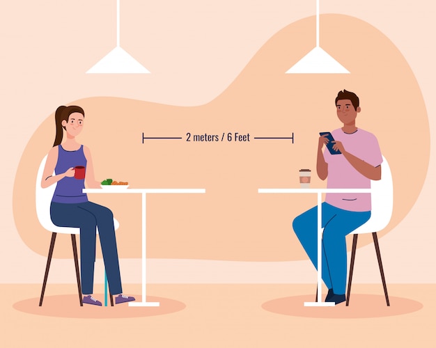 Vector social distance in new concept restaurant , couple eating on tables, protection, prevention of coronavirus covid 19