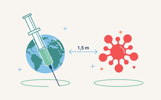 Social distance and vaccine helps to win over coronavirus syringe injection of all on earth globe