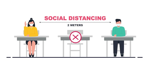 Вектор Социальное дистанцирование в школе школьники в масках