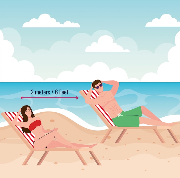 Social distancing on the beach, couple lying on beach chair keep distance