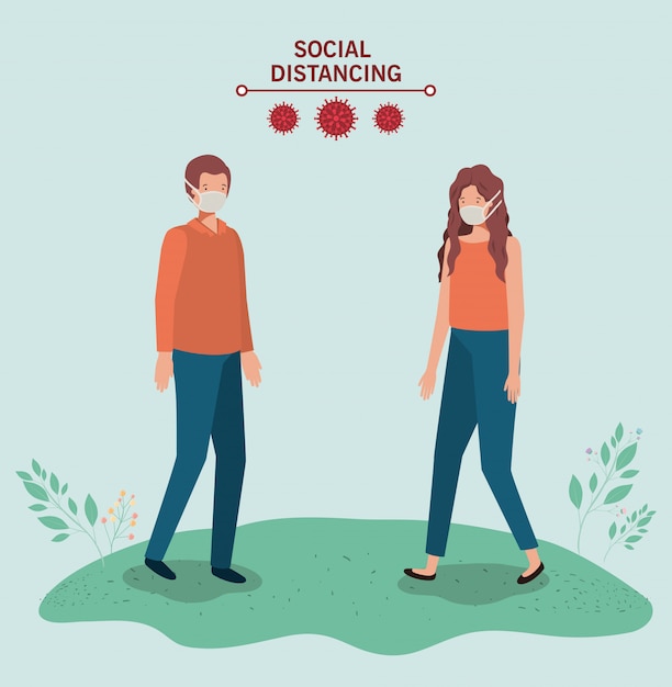 Social distancing between boy and girl with masks design of covid 19 virus theme illustration