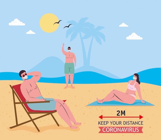 Social distancing between boys and girl with medical masks at the beach vector design