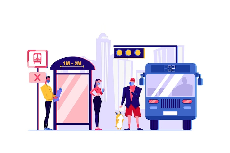 Vector social distancing at the bus stop