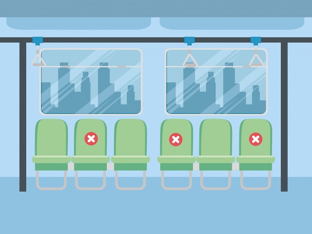 Vector social distancing chairs space inside bus, for protect coronavirus covid 19, quarantine, pandemic reducing risk of infection, social distancing concept