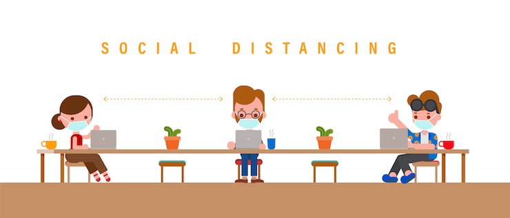 Vector social distancing concept. groups of people wearing face mask working on laptop.