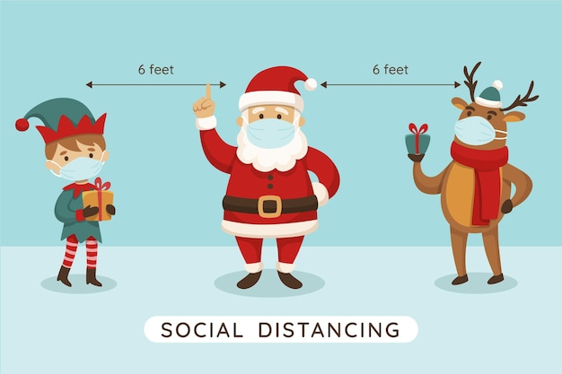 ベクトル クリスマスのキャラクターと社会的な距離の概念