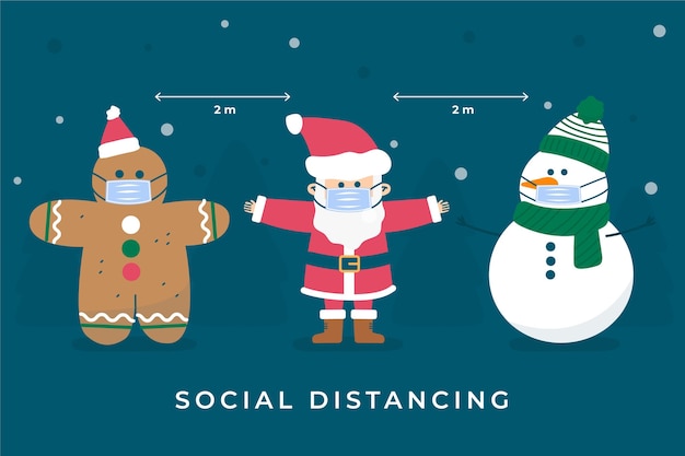 Vector social distancing concept with christmas characters