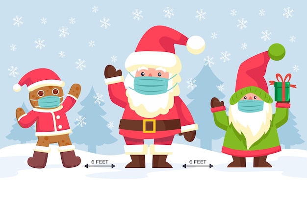 Vector social distancing concept with christmas characters