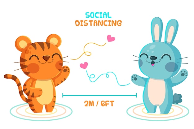 Vector social distancing concept with cute animals