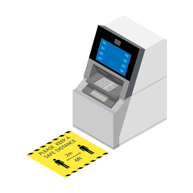 Vector social distancing and coronavirus covid19 prevention safe distance when using atm service machines