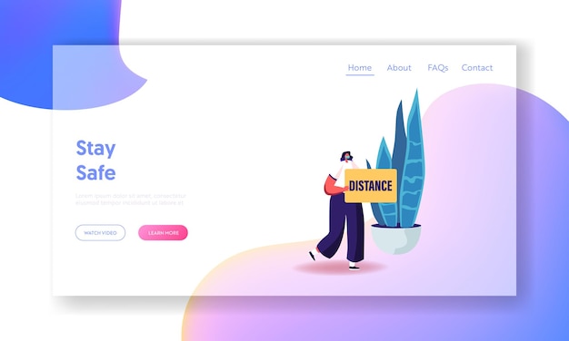 social distancing during coronavirus pandemic landing page template. female character wearing protecting medical mask holding banner with distance typography, anti virus. cartoon vector illustration