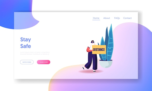 コロナウイルスパンデミックランディングページテンプレート中の社会的距離。距離タイポグラフィ、アンチウイルスのバナーを保持している保護医療マスクを身に着けている女性キャラクター。漫画のベクトル図