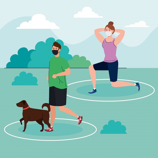 Vector social distancing, couple wearing medical mask, woman and man practicing sport in the park with dog pet, coronavirus covid 19 prevention