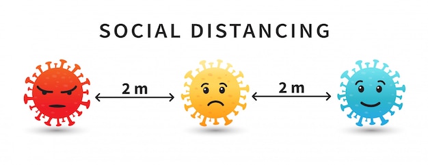 사회적 거리두기. 이모티콘 코로나 바이러스. 2 미터 거리를 유지하십시오.