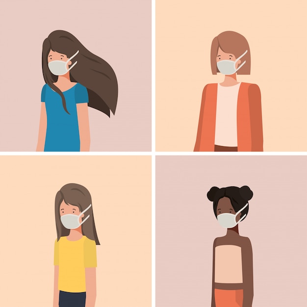 Vector social distancing between girls with masks design of covid 19 virus theme illustration