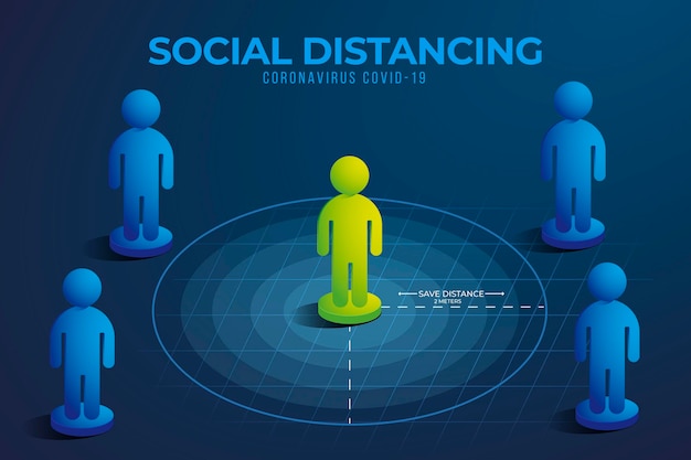 Social distancing infographic with infected green character