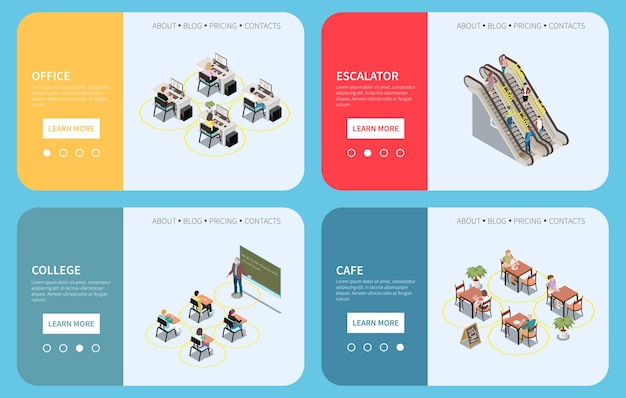 Social distancing isometric set of horizontal banners with text buttons and people at safe distance amount illustration