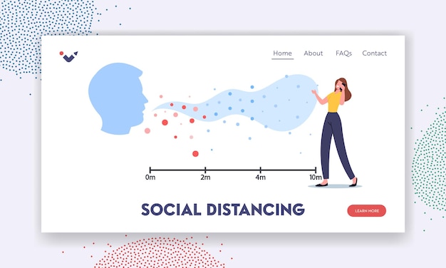 Social distancing landing page template. character stand near coughing person with flying contagious cells around. airborne virus transmissionð± avoiding infection. cartoon people vector illustration