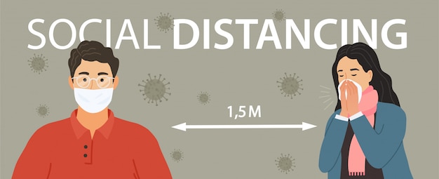 Social distancing. Man en vrouw die afstand houden om te beschermen tegen coronavirusziekten. illustratie