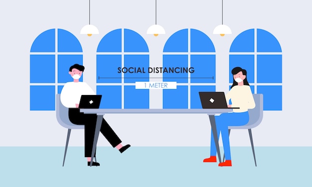 Social distancing in a meeting design free vector illustration