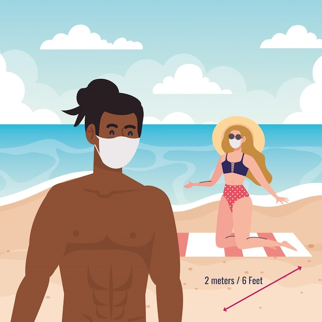 ビーチ、医療用マスクを身に着けているカップル、コロナウイルスまたはcovid 19の後の新しい通常の夏のビーチの概念
