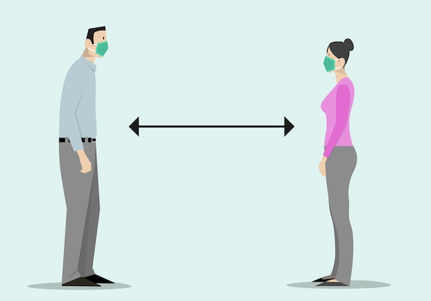 Vector social distancing. people keeping distance for infection risk and disease, wearing a surgical protective medical mask for prevent coronavirus