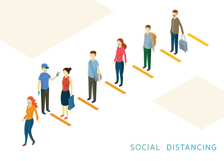 Vector social distancing, people in a row or line prevention of coronavirus 