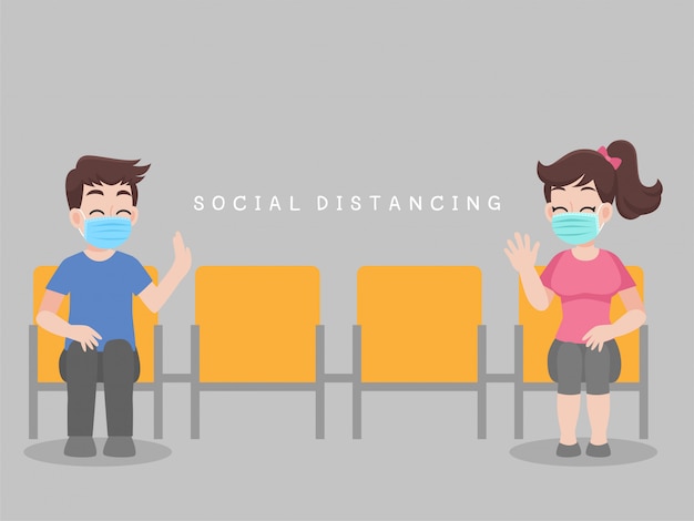 Social Distancing、人々は椅子に座って、感染のリスクと病気のために距離を置きます