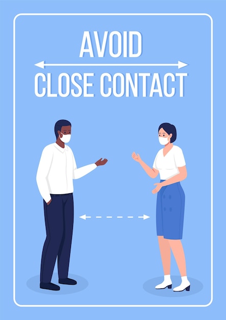 Social distancing poster flat vector template. avoid close contact. brochure, booklet one page concept design with cartoon characters. after covid office safety flyer, leaflet with copy space