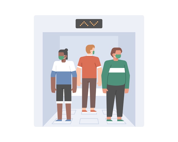 Vector social distancing practice in lift illustration concept