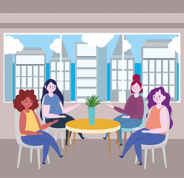 Vector social distancing restaurant or a cafe, women sitting at table keep distance