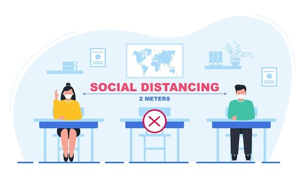 Vector social distancing at school school students wearing masks