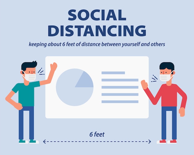 Vector social distancing, showing business project plan presentation on projection screen and keep distance from covid-19, coronavirus  illustration infographic flat design