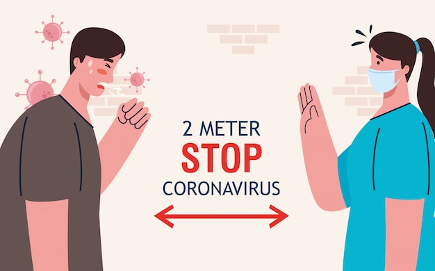 Social distancing, stop coronavirus two meter distance, keep distance in public society to people protect from covid-19, couple wearing medical mask against coronavirus