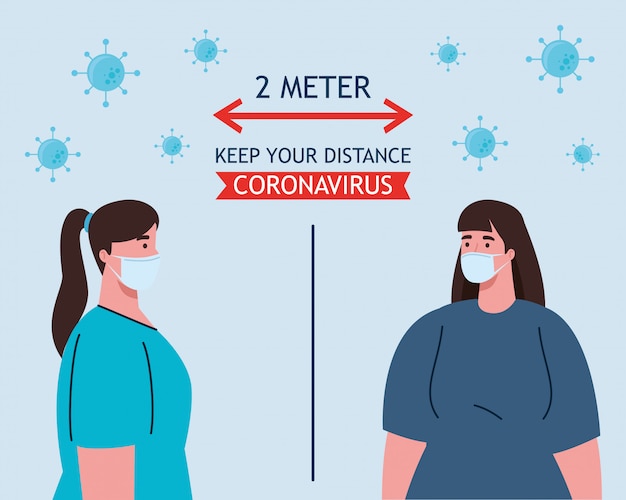 Social distancing, stop coronavirus two meter distance, keep distance in public society to people protect from covid-19, women wearing medical mask against coronavirus