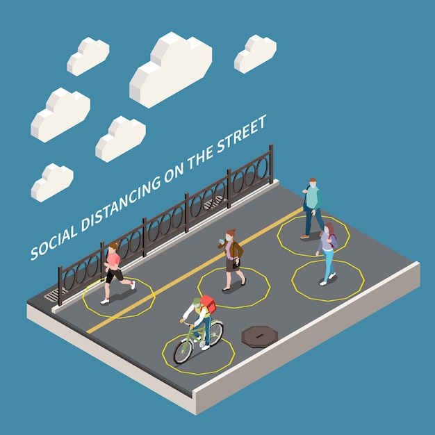 Social distancing on the street iisometric illustration